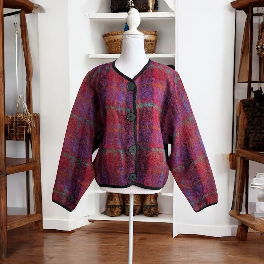 Vintage Wool Sweater Cardigan Colorful Plaid Mohair Jacket Tony Lambert L Large